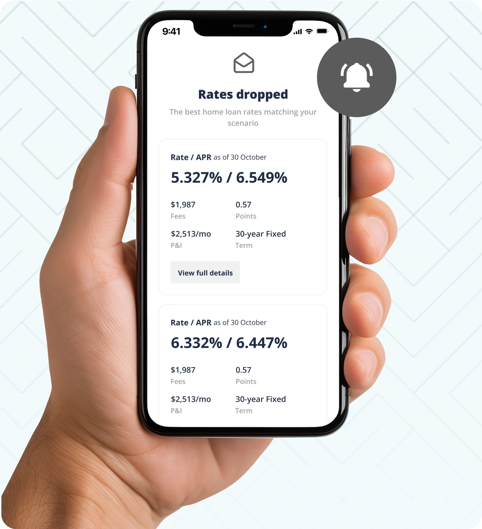 BMG Rate Watch notification on a mobile phone showing dropped mortgage rates